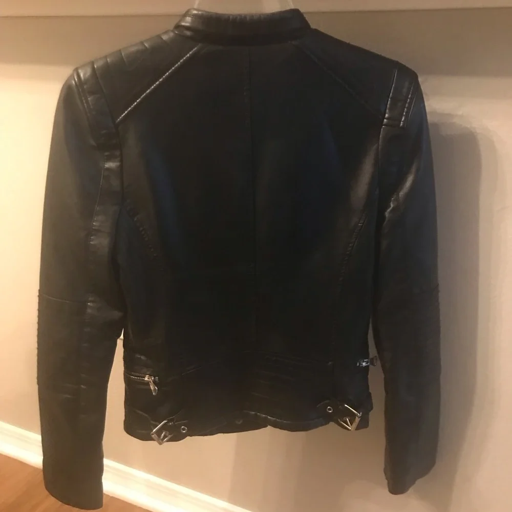 Black Vegan leather bomber jacket w/ polished silver detail. Size small - Picture 3 of 8
